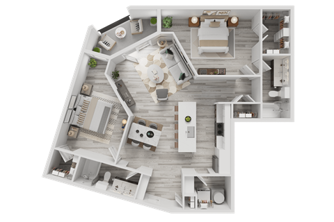 A 3D rendered image of a modern house layout.
